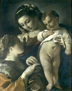 Guercino: Matrimonio mistico di santa Caterina, tecnica a olio su tela, 88 x 70 cm, intorno al 1620, Berlino, Musei statali di Berlino (Gemäldegalerie).